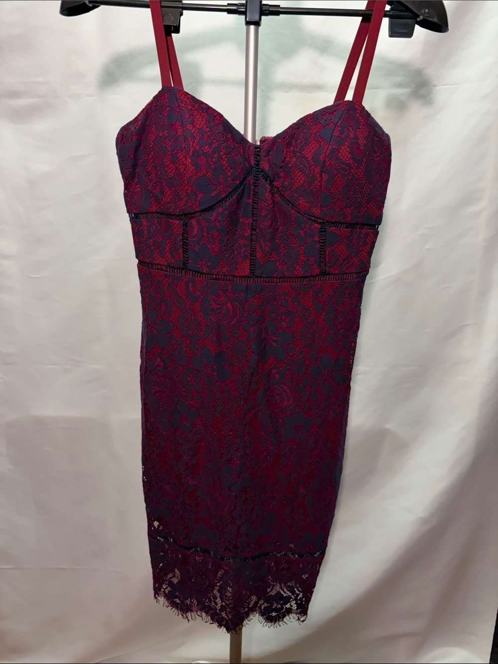 Guess Burgundy and Navy Lace Sweetheart Midi Dress